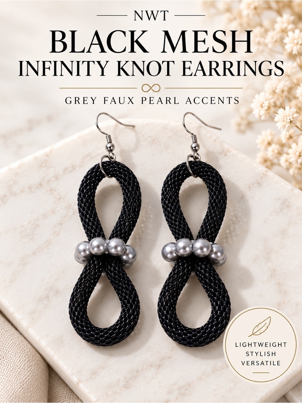 NWT Black Mesh Infinity Knot Drop Dangle Earrings Faux Pearl